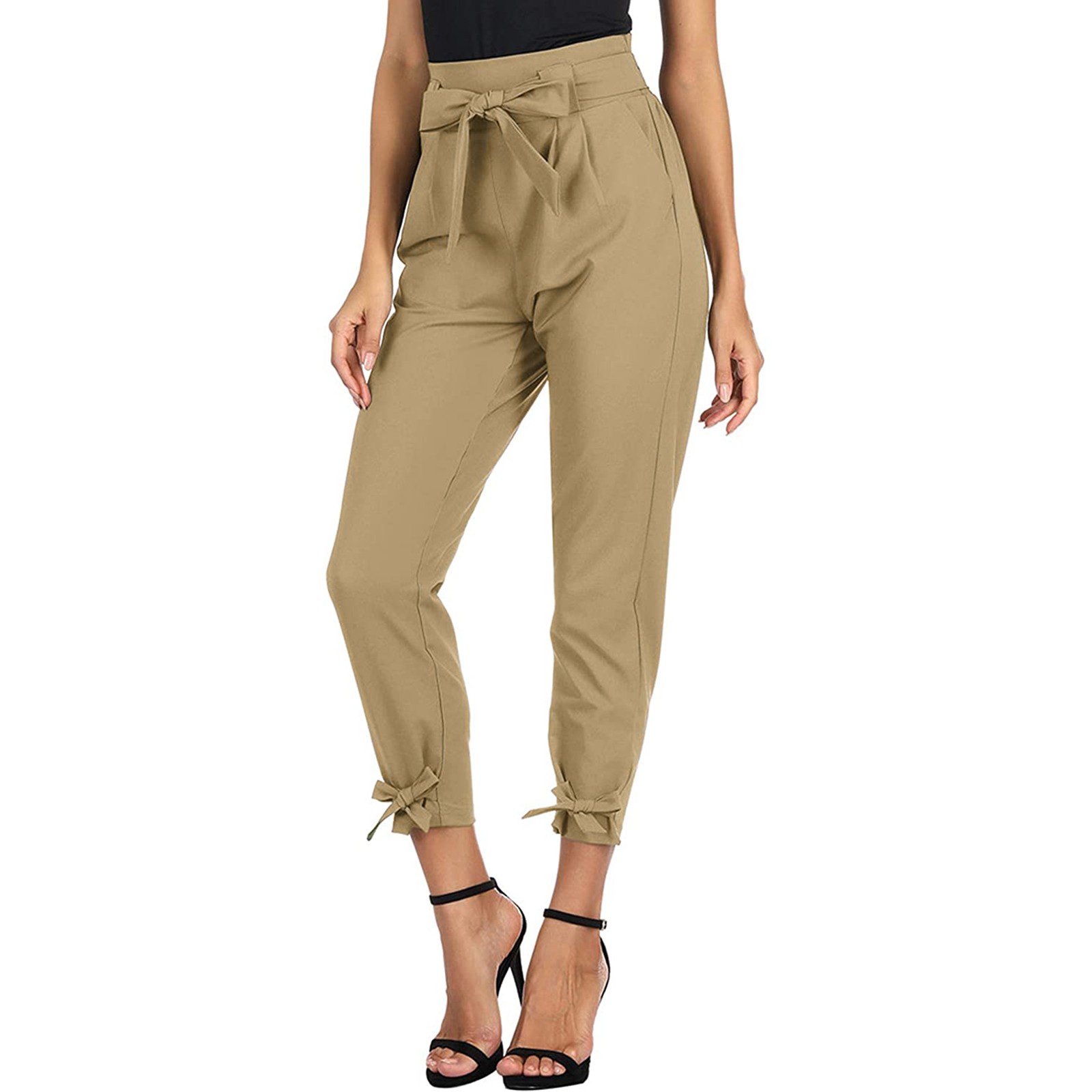 thumbnail image 2 of Pantalones pitillo de cintura alta para mujer - Bolsillo con lazo, poliéster liso, ropa informal/de fiesta, largo completo, S-XXL, 2 of 8